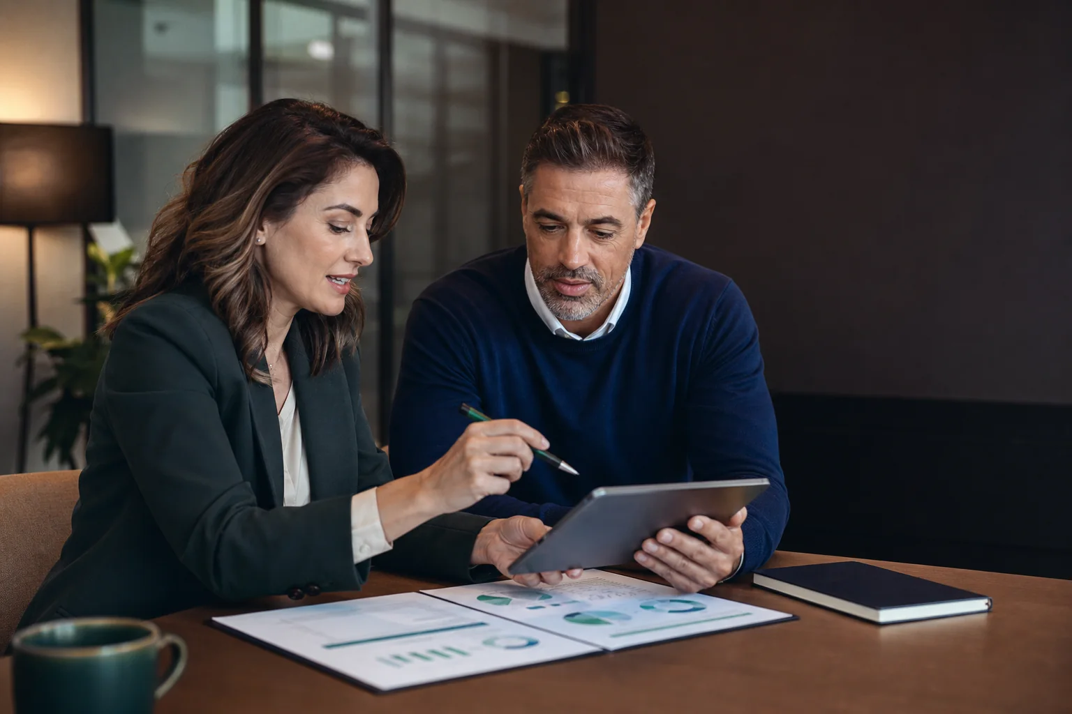 Consultant financiar care explică unui client pașii unui plan financiar personalizat